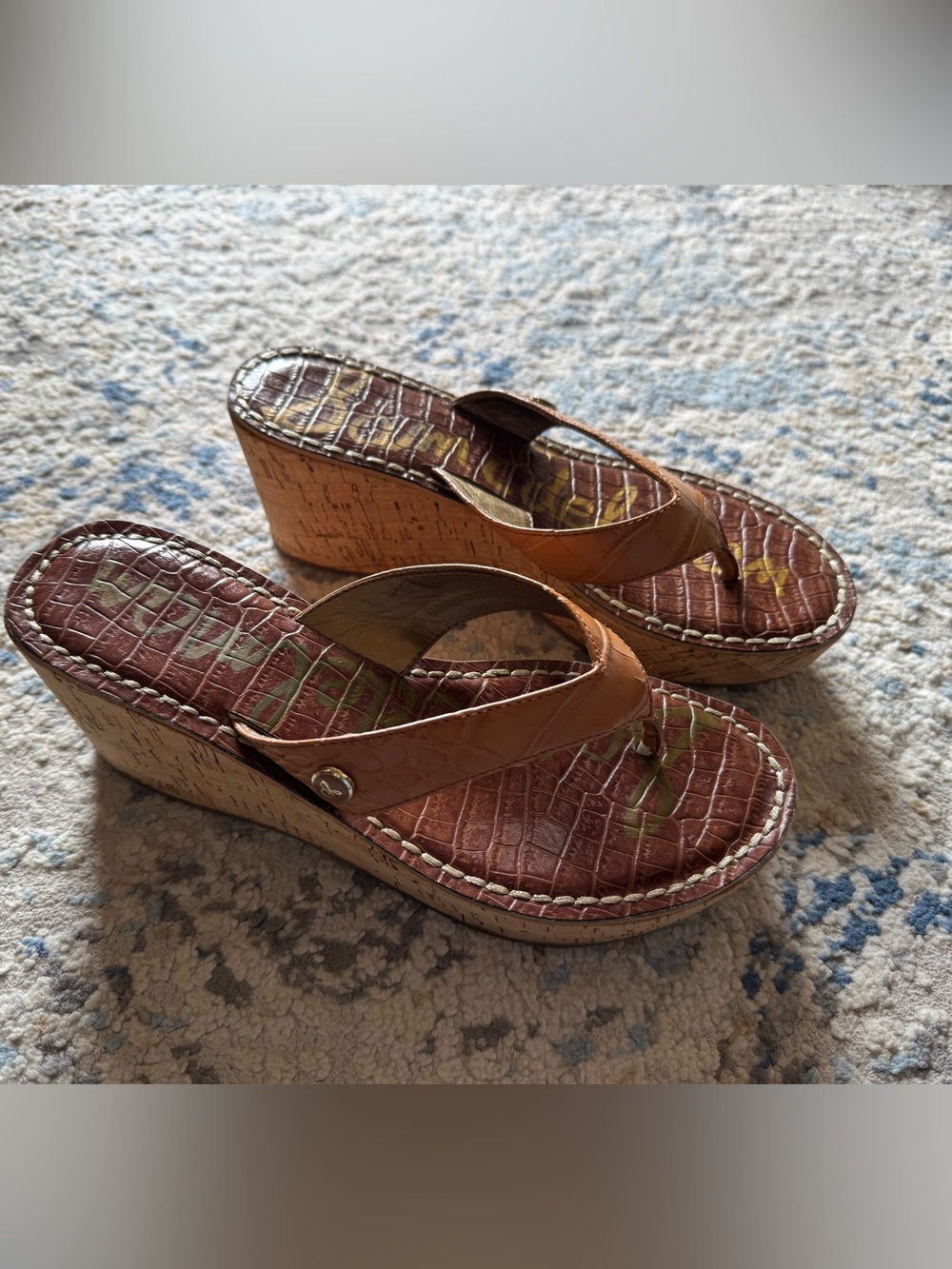 Sam Edelman Romy crocodile-embossed cognac brown platform thong wedges